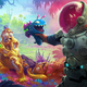 A space-suited figure brandishes a leering, sentient gun at a cowering foe.